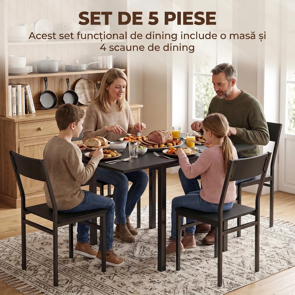 HOMCOM Set Masă și Scaune Dining 5 Piese Extensibil cu MDF și Metal, 80-120 cm, 4 Scaune Stivuibile, Negru | Aosom Romania