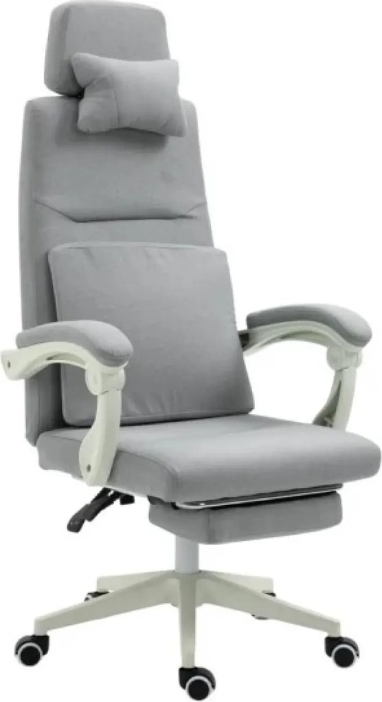 Scaun ergonomic de birou, suport picioare, perne lombara si cervicala detasabile, Material textil, Gri deschis