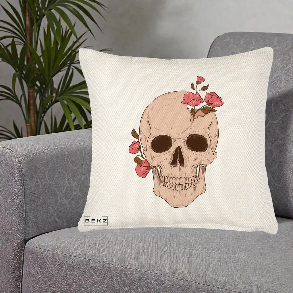 Perna Decorativa Craniu Floral Gothic, 40x40 cm, Crem Reliefat, Husa Detasabila, Perna Inclusa, BEKZ®