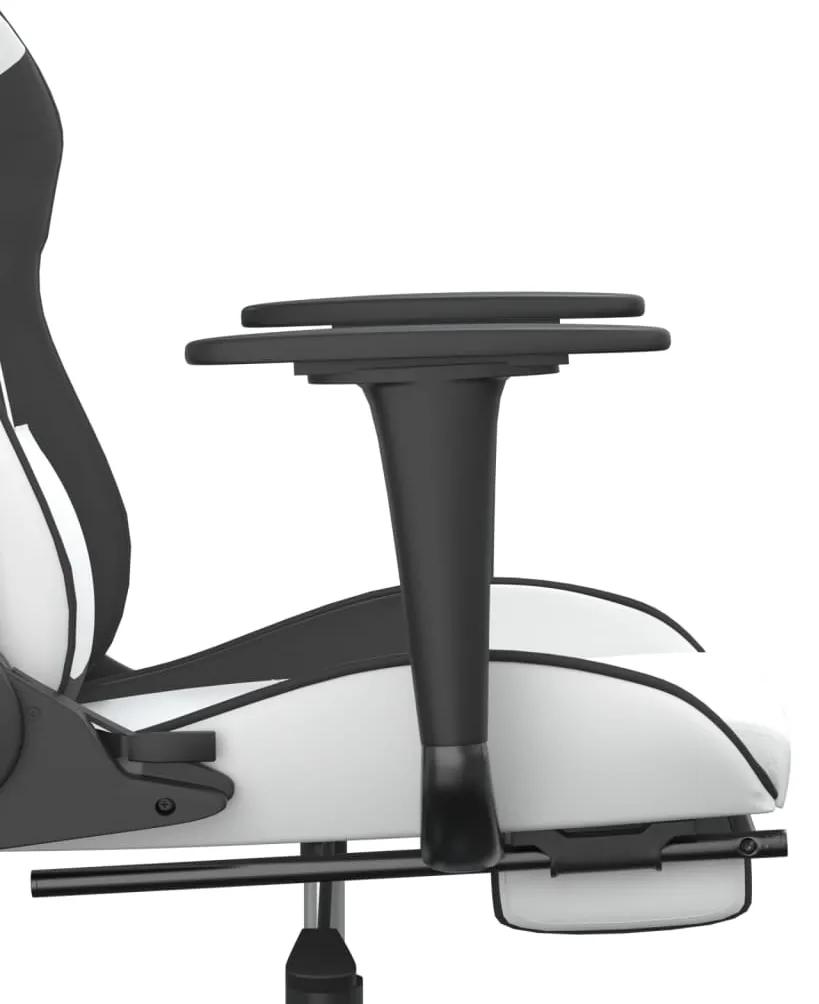 Scaun de gaming masaj suport picioare alb negru piele eco
