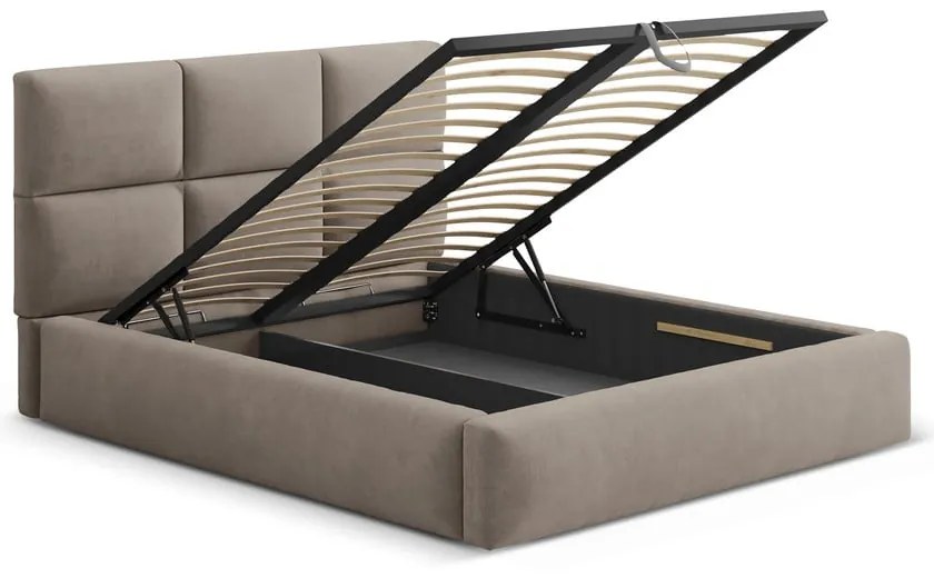 Pat matrimonial maro deschis tapițat cu spațiu de depozitare cu somieră 180x200 cm Libera – Windsor &amp; Co Sofas