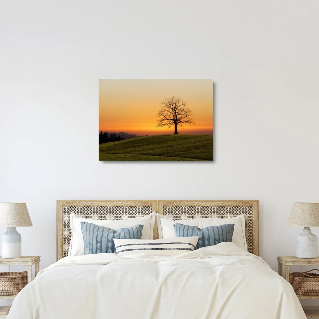 Tablou pe sticlă cu apus de soare pe o luncă (70x50 cm)