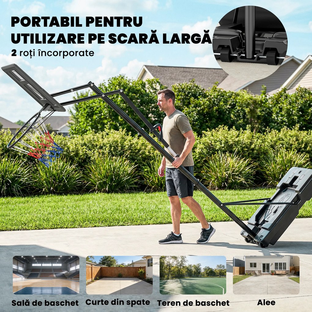 SPORTNOW Coș de Baschet Reglabil 235-305cm, Rezistent la Impact, Negru | Aosom Romania