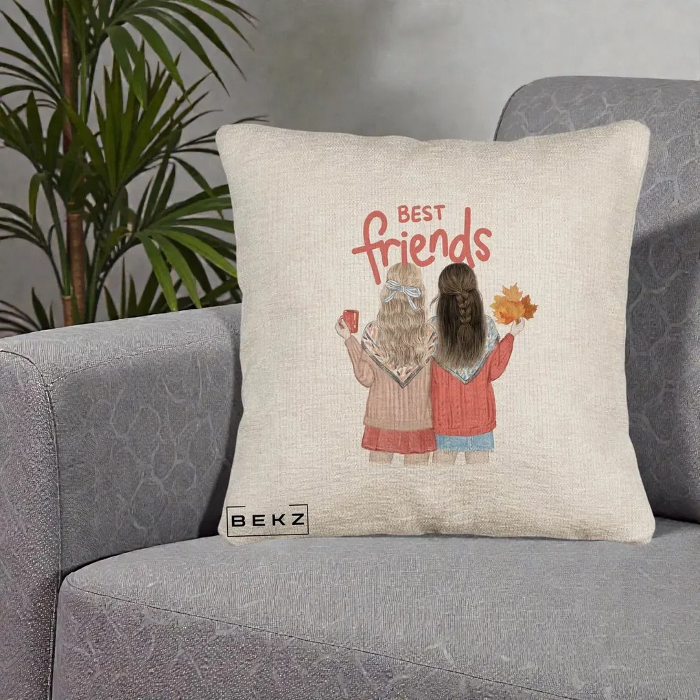 Cadou pentru Prieteni - Perna Personalizata Best Friends Toamna, 40x40 cm, Bej Canapea, Husa Detasabila, Perna Inclusa, BEKZ®