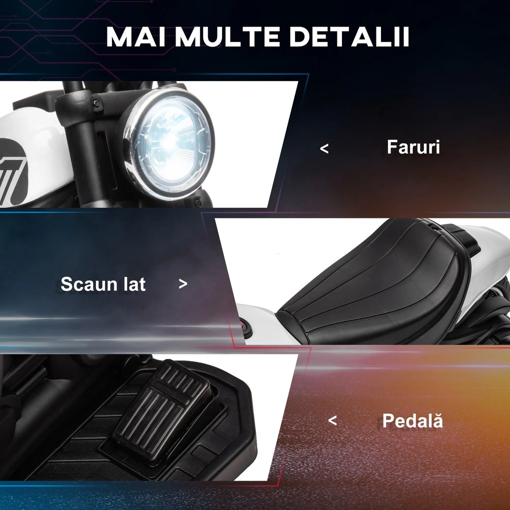 HOMCOM Motocicletă Electrică pentru Copii 18-36 Luni cu Roți Ajutătoare și Far, 76x42x57 cm, Alb și Negru | Aosom Romania