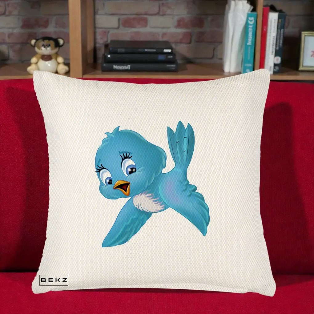Perna Decorativa Pui de Pasare Albastru, 40x40 cm, Crem Reliefat, Husa Detasabila, Perna Inclusa, BEKZ®
