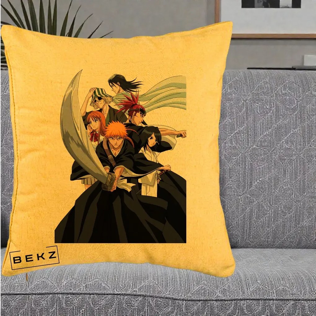 Perna Personalizata Bleach Grup Complet Ichigo si Prietenii, 40x40 cm, Galben, Husa Detasabila, Perna Inclusa, BEKZ®
