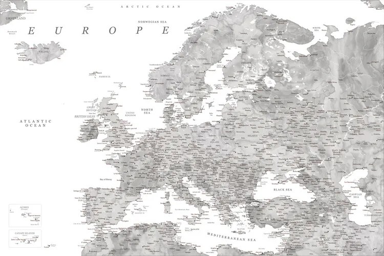 Harta Detailed map of Europe in gray watercolor, Blursbyai