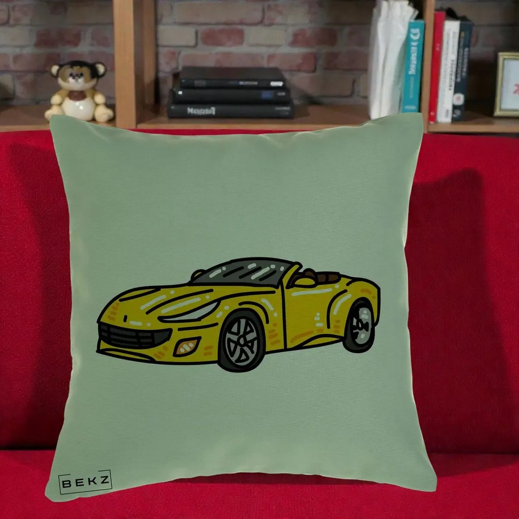 Perna Personalizata Masina Cabriolet Galbena Grafic, 40x40 cm, Verde, Husa Detasabila, Perna Inclusa, BEKZ®