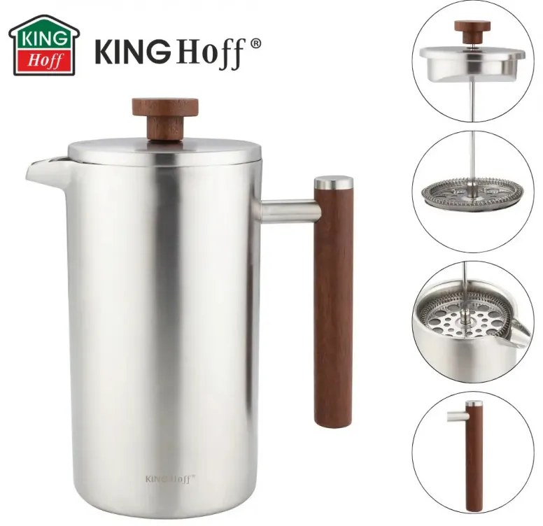 Presă franceză pentru cafea / ceai Kinghoff KH 1995, 1 l, Oțel inoxidabil, Pereți dubli, Inox