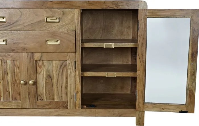 Bufet din lemn de acacia în stil campaign, natur, cu 2 uși vitrate, 2 uși cu panouri, 2 sertare și mânere încastrate, lungime 150 cm, „Amara”