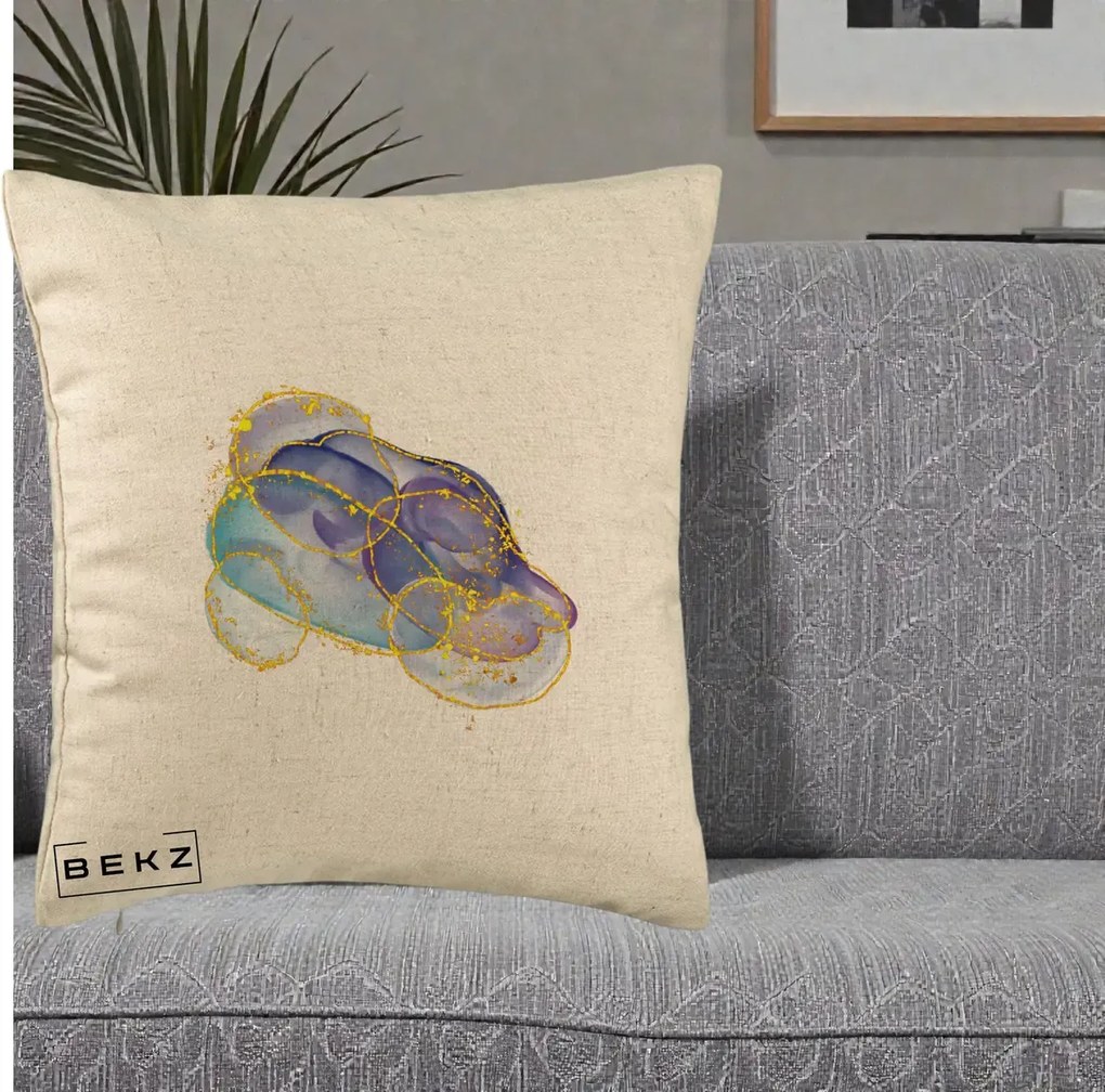 Perna Decorativa Abstract Acuarela Albastru-Mov cu Cercuri Aurii, 40x40 cm, Bej, Husa Detasabila, Perna Inclusa, BEKZ®