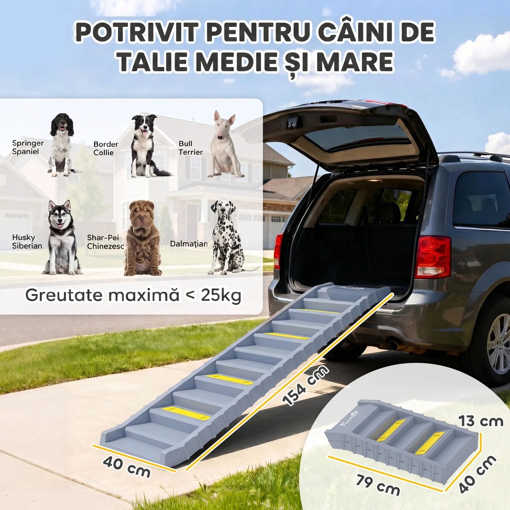 PawHut Scară Pliabilă pentru Câini, pentru Mașină și Paturi, 10 Trepte Antiderapante, Capacitate 68kg, Gri | Aosom Romania
