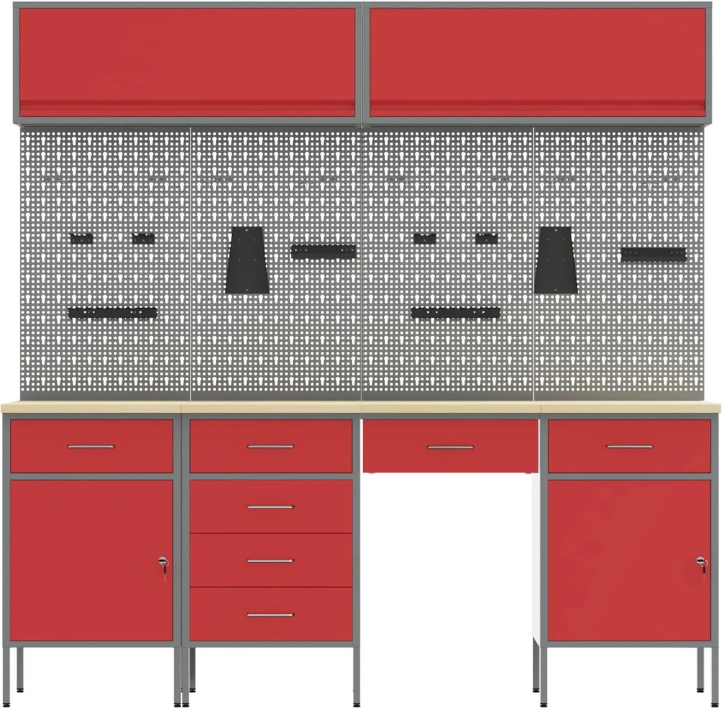 vidaXL Dulap de lucru cu sertar 10 pcs Roșu Lemn ingineresc și oțel