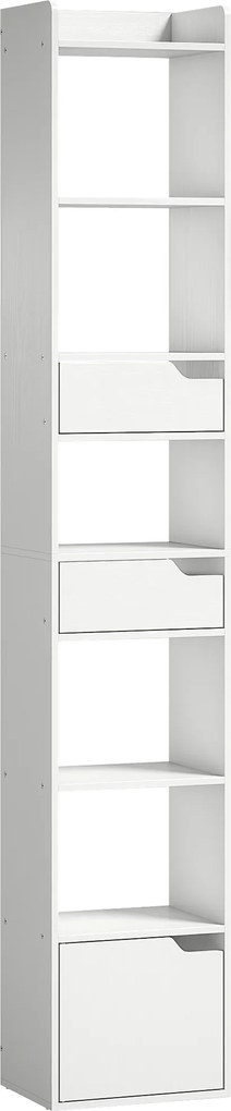 HOMCOM Bibliotecă pentru cărți cu 2 sertare și ușă Etajeră îngustă cu 6 rafturi deschise 32x24x181,5 cm Alb | Aosom Romania
