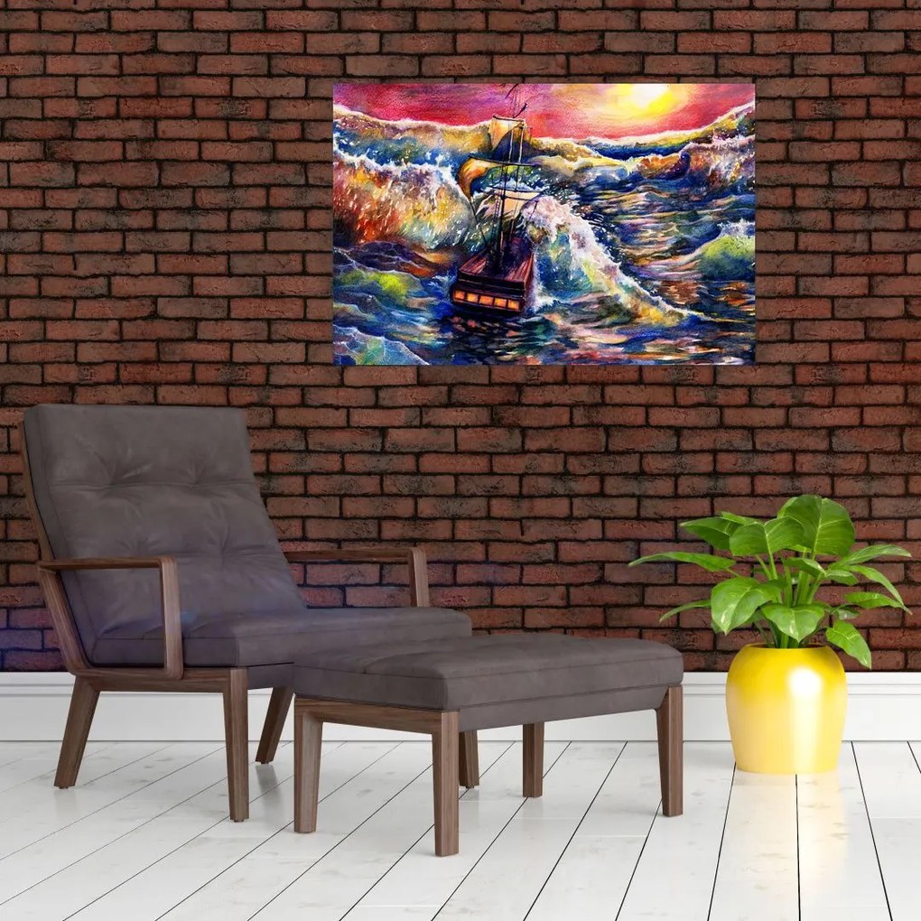 Tablou - Navă pe valurile oceanului, aquarelă (90x60 cm)