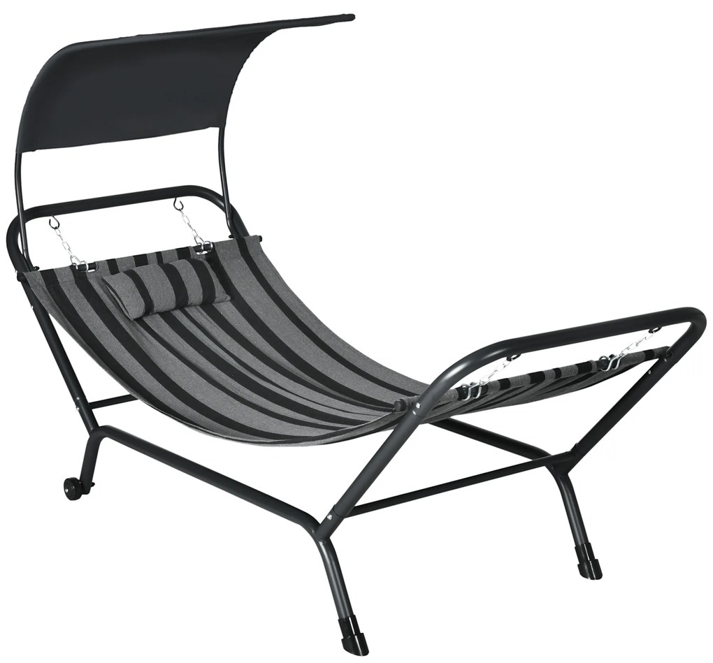 Outsunny Şezlong bain de soleil transat din oțel și poliester cu acoperiș și pernă, dim. 240L x 92l x 148H cm | Aosom Romania