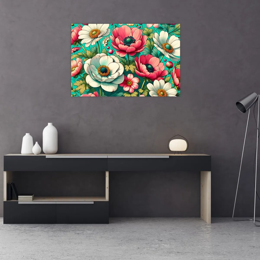 Tablou - Flori pe fundal albastru (90x60 cm)
