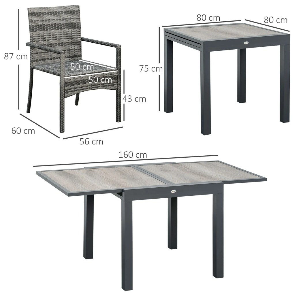 Set pentru gradina 7 buc. Outsunny cu masa extensibila, 6 scaune, ratan PE cu perne, gri, maro | Aosom Romania