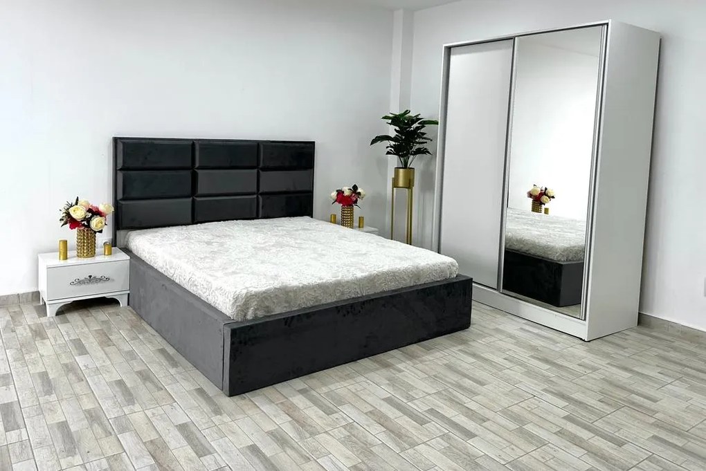 Dormitor Roma, culoare gri / alb, cu pat Roma 160 x 200 cm, dressing Erika si 2 noptiere Viena