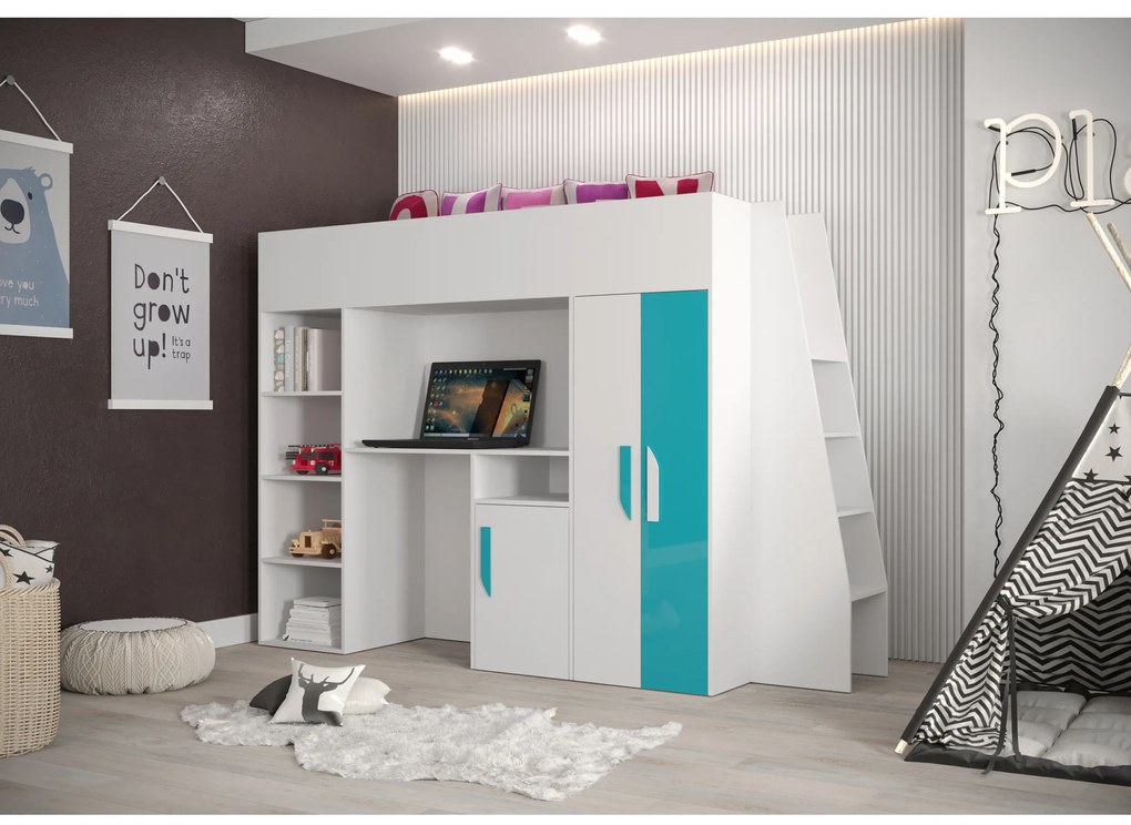 Pat pentru copii combinat 90 cm Puro 15 (alb mat + alb lucios + Turcoaz lucios). 1087094