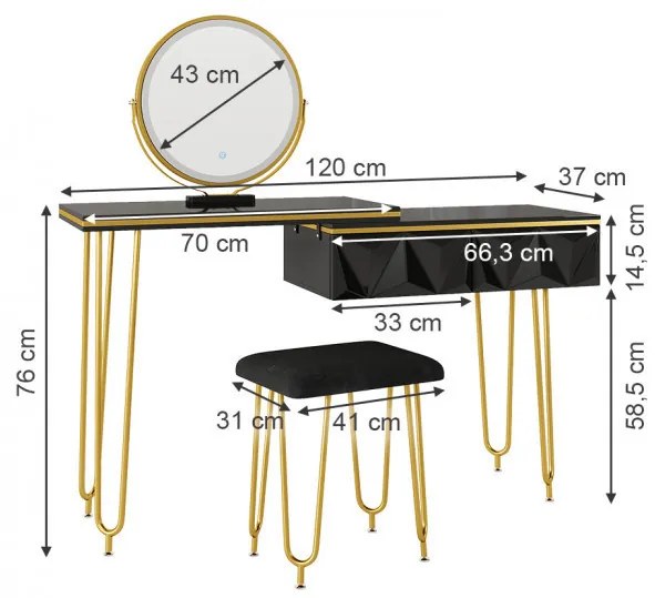 SEN239 - Set Masa toaleta, 120 cm, cosmetica machiaj, oglinda cu LED, masuta vanity, scaun tapitat - Negru-Auriu