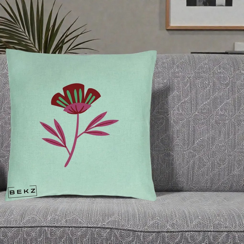 Perna Decorativa Floare Macul Roz-Rosu Grafic, 40x40 cm, Verde Menta, Husa Detasabila, Perna Inclusa, BEKZ®