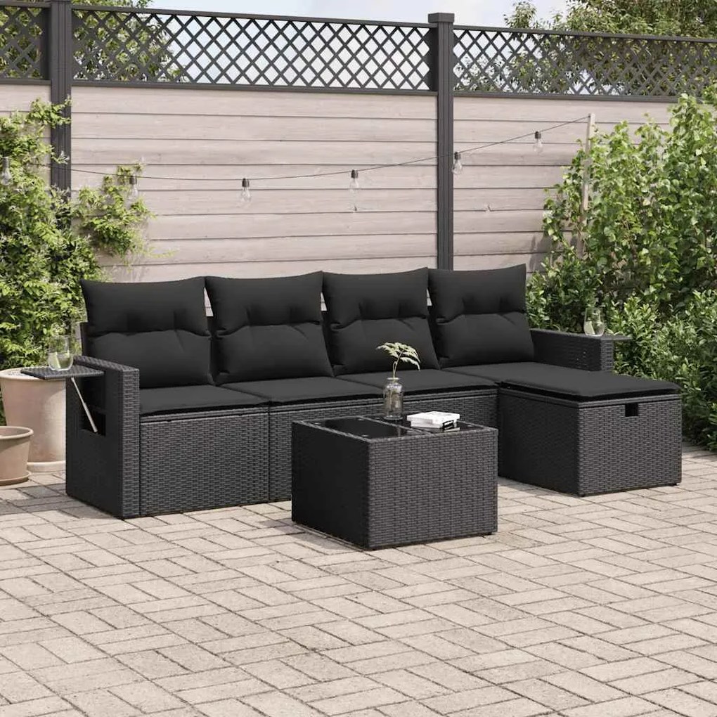 3325471 vidaXL Set mobilier de grădină cu perne, 6 piese, negru, poliratan