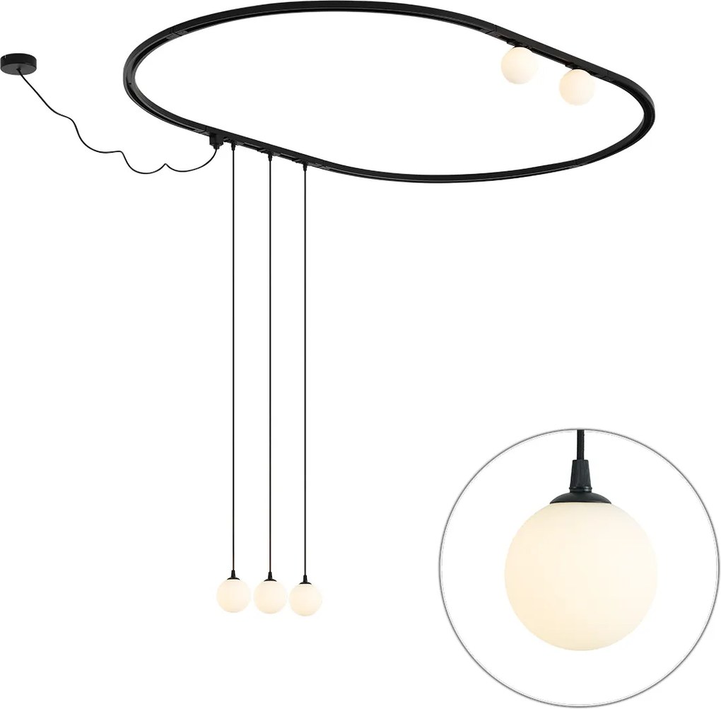 Sistem de iluminat pe șină oval modern negru cu 3 lămpi suspendate și 2 plafoniere albe monofazate - Iconic Perle