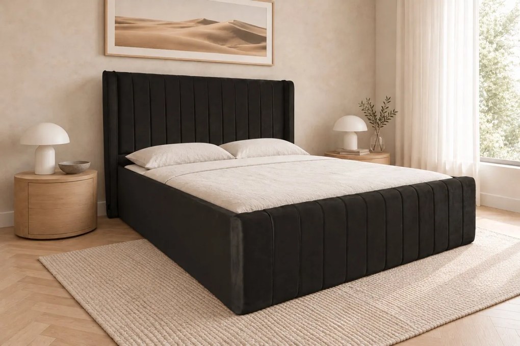Pat tapițat din catifea Aurelia Simple 120×200 cm, negru, cu ladă de depozitare