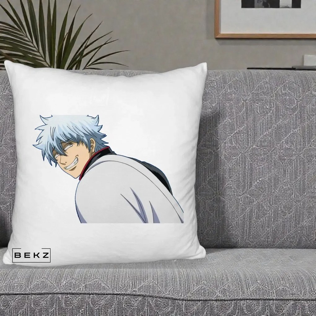 Perna Personalizata Gintama Gintoki Portret cu Zambet, 40x40 cm, Alb Pufos, Husa Detasabila, Perna Inclusa, BEKZ®