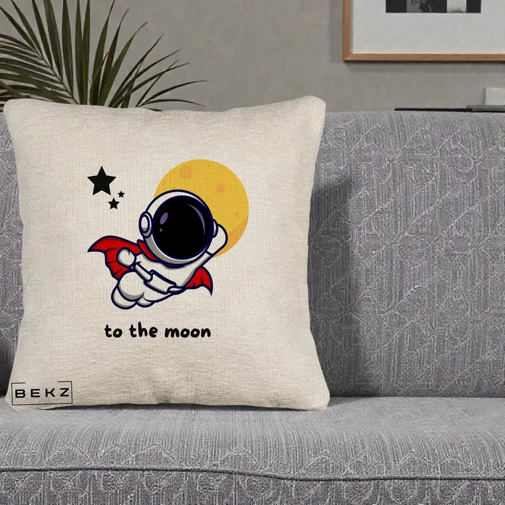 Perna Decorativa Astronaut To The Moon, 40x40 cm, Bej Canapea, Husa Detasabila, Perna Inclusa, BEKZ®