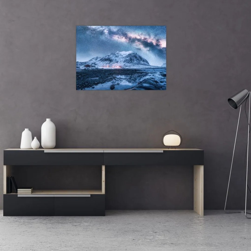 Tablou pe sticlă cu munți și ceul cu stele (70x50 cm)