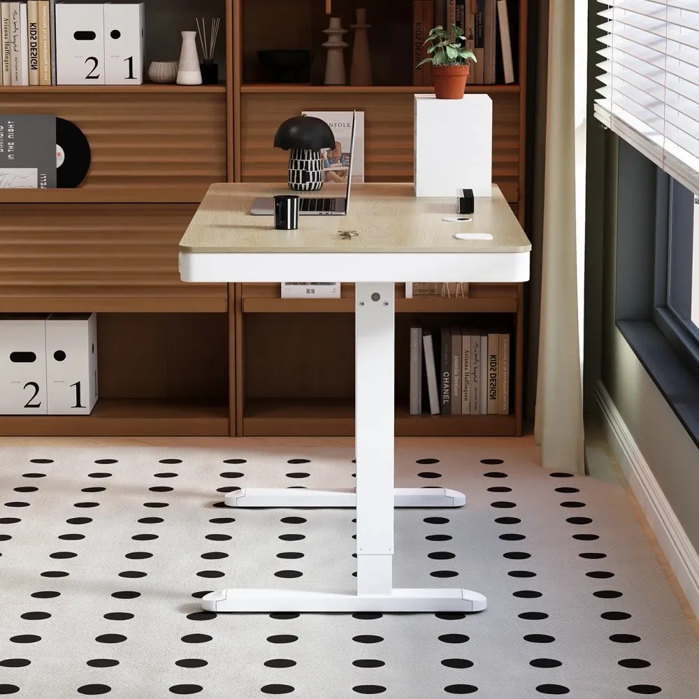 RESIGILAT - Birou Electric Reglabil pe Înălțime cu Sertar Ascuns, Încărcare Wireless & USB, Senzor de siguranță, 120x60, Stejar deschis/Alb