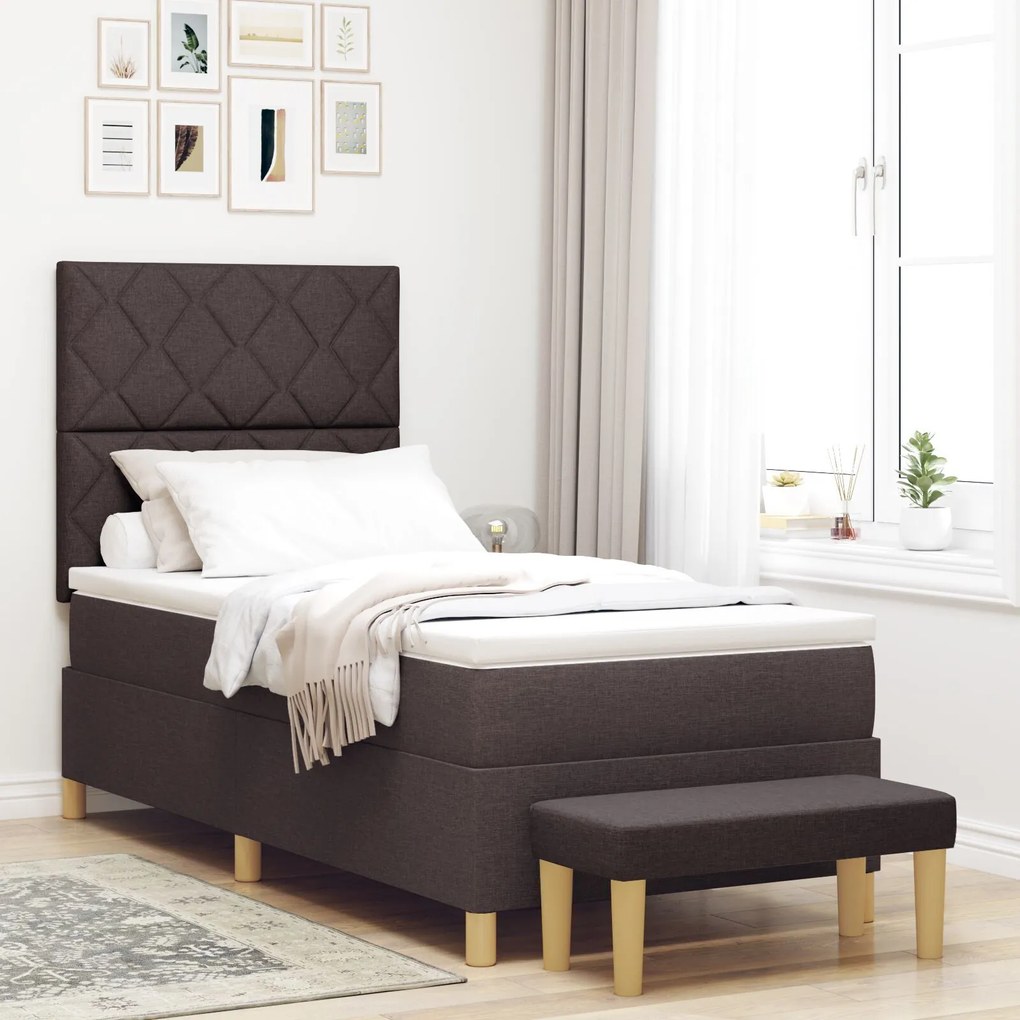 vidaXL Pat cu arcuri cu saltea și băncuță maro închis 90x200 cm material
