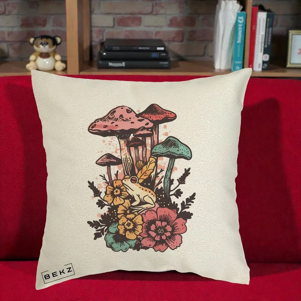 Perna Decorativa Ciuperci si Broaste Boho, 40x40 cm, Ecru, Husa Detasabila, Perna Inclusa, BEKZ®