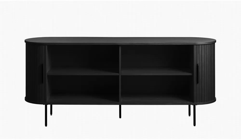 Comodă neagră joasă cu aspect de lemn de stejar cu ușă glisantă 76x180 cm Nola – Unique Furniture