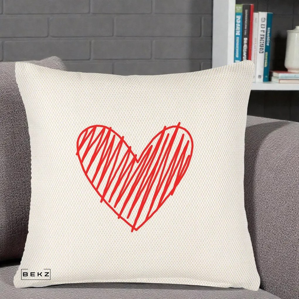 Perna Decorativa Inima Rosie Desen Manual, 40x40 cm, Crem Reliefat, Husa Detasabila, Perna Inclusa, BEKZ®