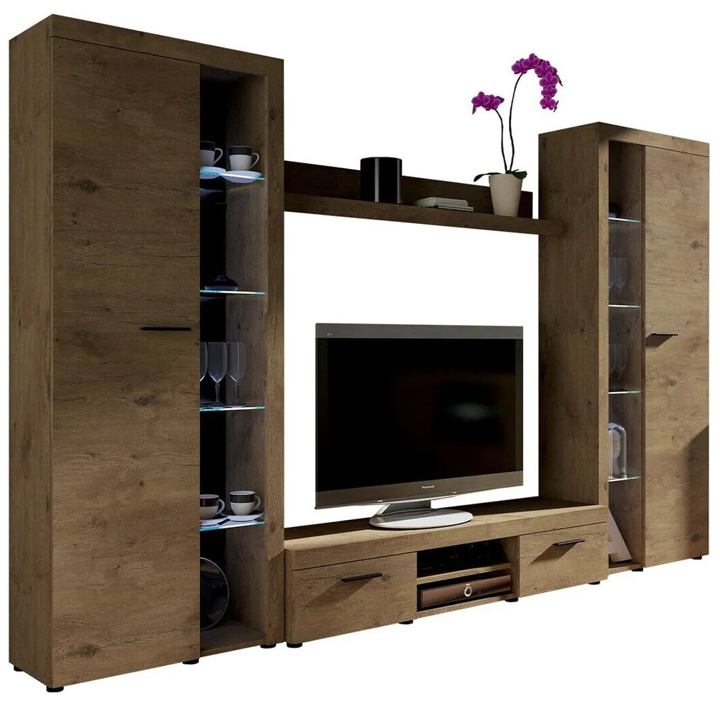 Mobilă pentru sufragerie Tucson 107Lefkas stejar, Părți separate, Cu comodă tv, Sticlă, PAL laminat, 190x300x40cm, 117 kg