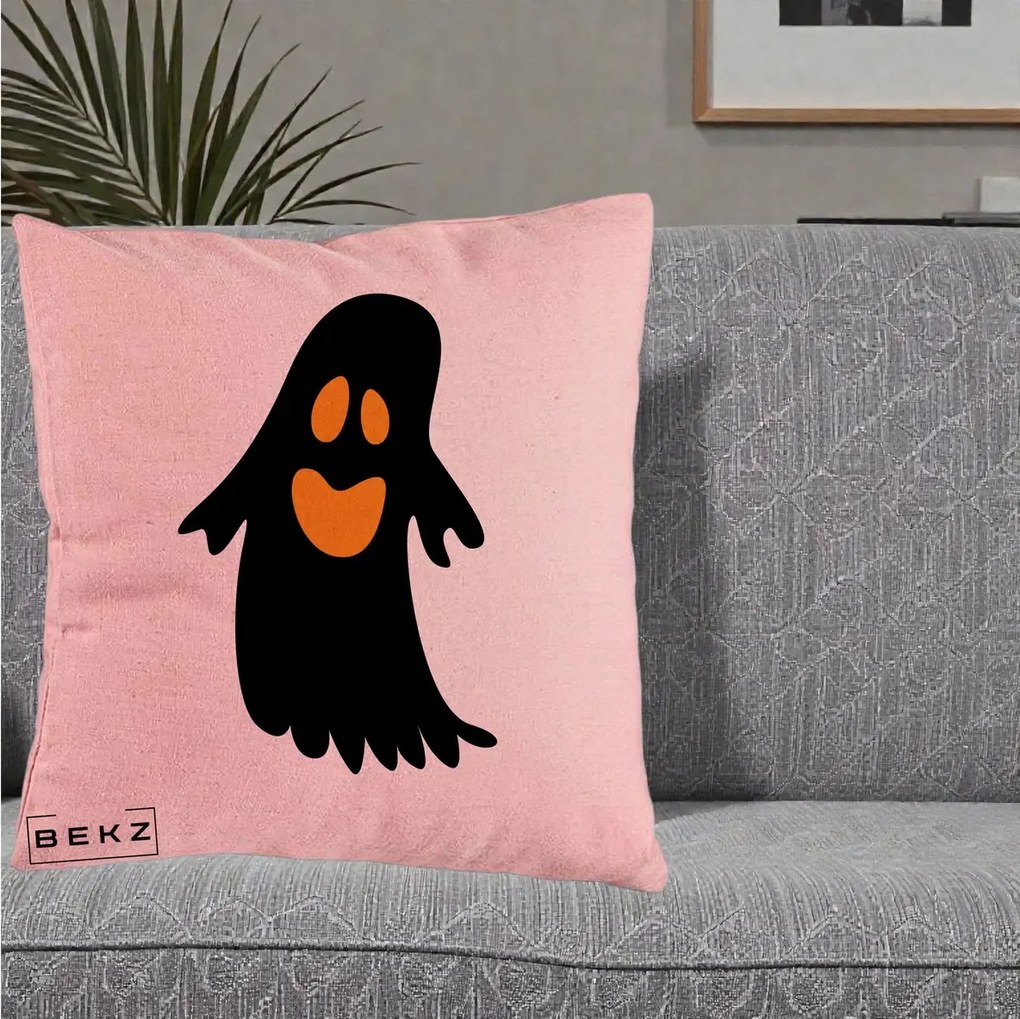 Perna Decorativa Halloween Fantoma Neagra cu Ochi Portocalii, 40x40 cm, Roz, Husa Detasabila, Perna Inclusa, BEKZ®