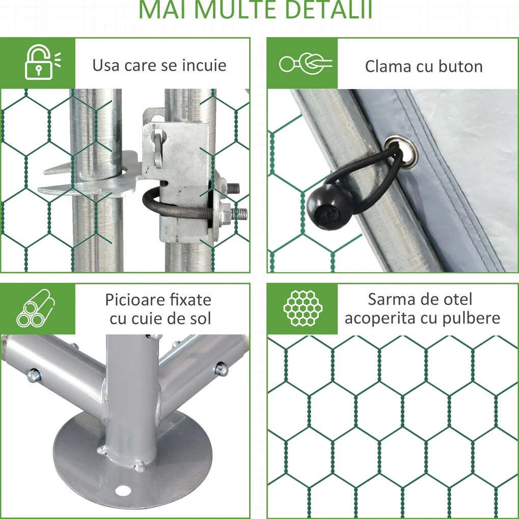 PawHut Țarc Găini Metal Ușă Acoperiș Parțial Spațiu Generos 280x570x195cm Argintiu | Aosom Romania