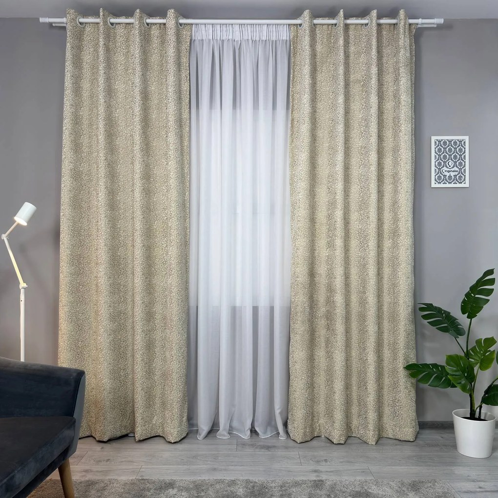 Set două Draperii (Opacitate 80%), din Catifea + Stofă premium (Model reliefat), Gata lucrate (Inele galerie), Culoare Bej, Dimensiuni draperie 160x260 cm (x2), Brand Originalio