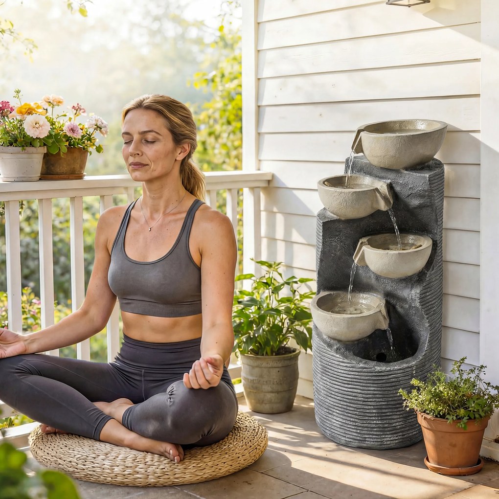 Outsunny Fântână în 5 trepte, fântână de grădină cu LED, pompă, aspect piatră, reglabilă 33 x 31 x 80 cm | Aosom Romania