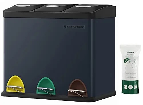 Cos de Gunoi cu 3 Compartimente pentru Reciclare, Metal / Plastic, Volum 24 L, Negru / Albastru, Vasagle, LTB24BK