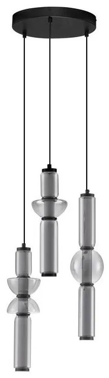 Lustra moderna cu 3 pendule LED, Metal, Negru, Sticla, Fumurie, Ulon