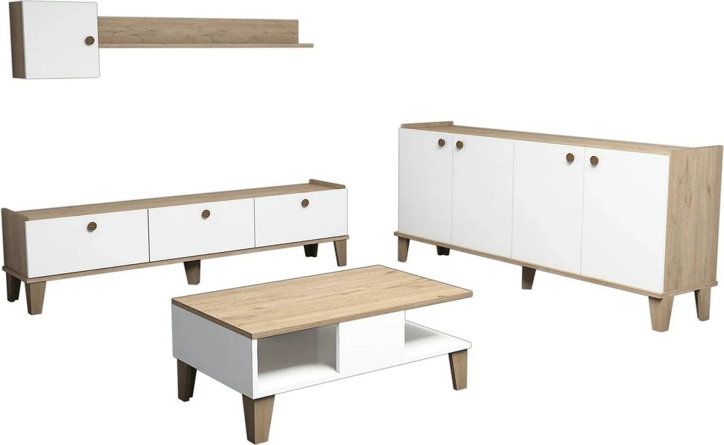 Mobilier living SUMER G7020, alb/stejar, PAL melaminat, 4 piese