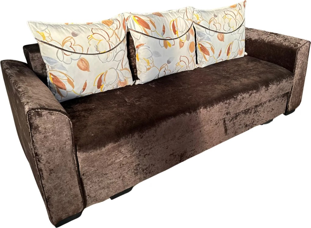 Canapea LILI extensibila, 3 locuri, cu lada de depozitare, stofa plusata, 220x95x80 Maro, Stofa plusata