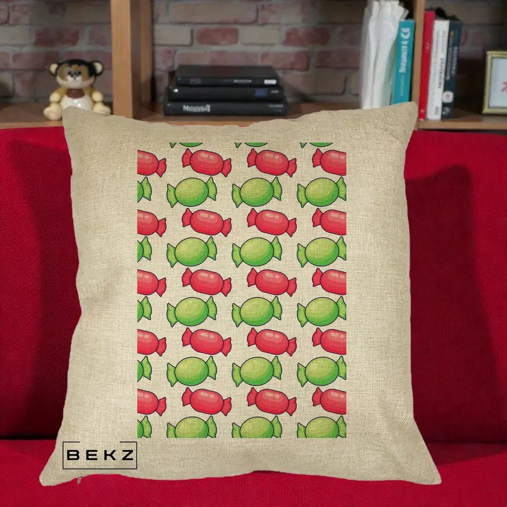 Perna Decorativa Bomboane Craciun Pattern, 40x40 cm, Crem, Husa Detasabila, Perna Inclusa, BEKZ®