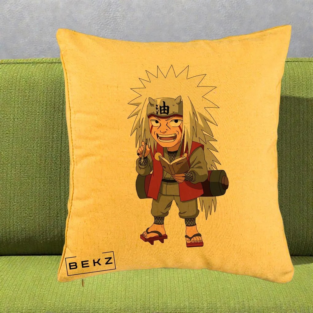 Perna Personalizata Naruto Jiraiya Sensei Chibi, 40x40 cm, Galben, Husa Detasabila, Perna Inclusa, BEKZ®