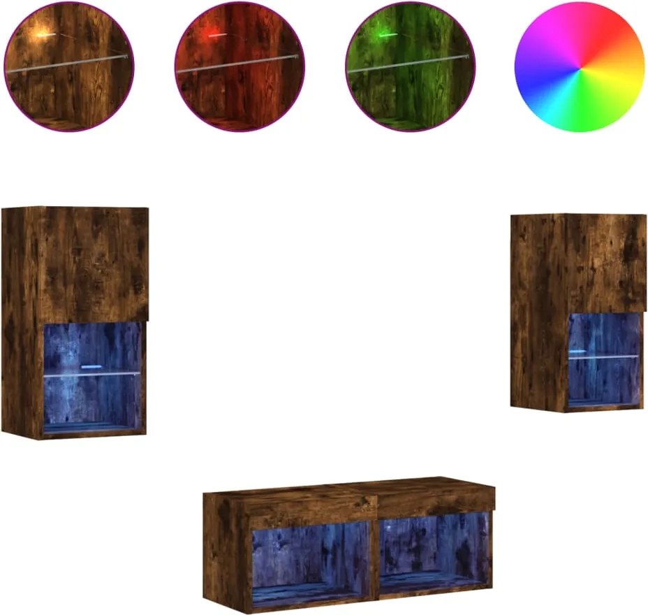 vidaXL Comode TV de perete cu lumini LED, 4 piese, stejar fumuriu